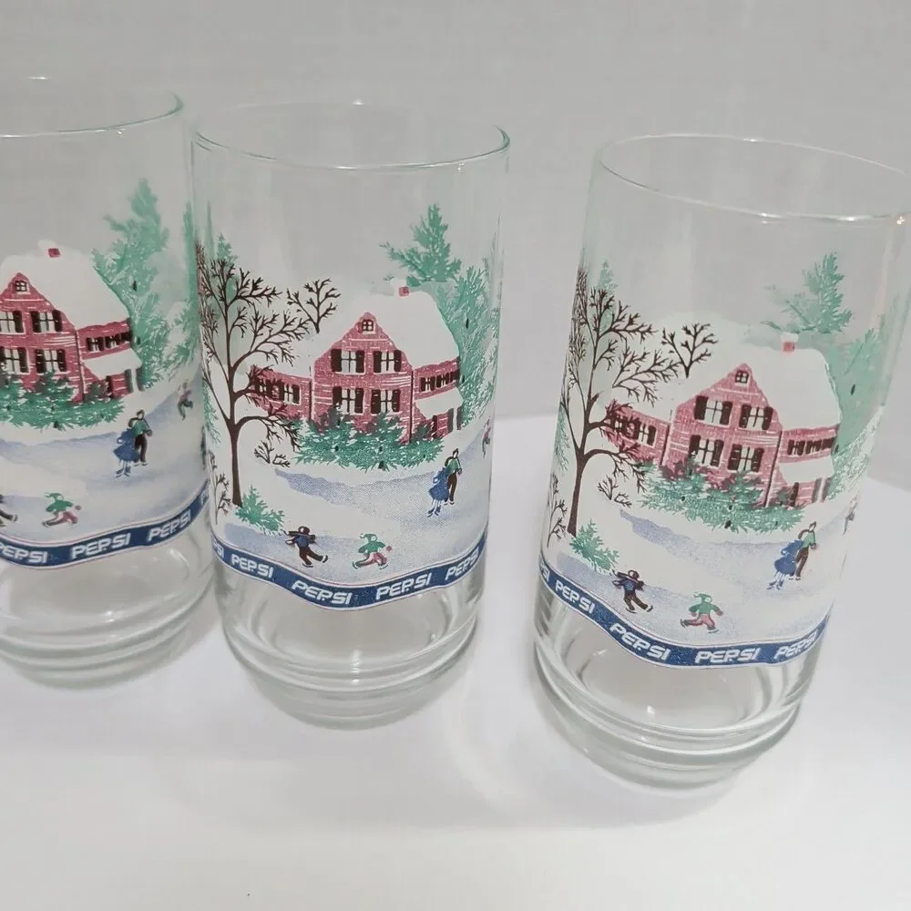 Vtg Pepsi Holiday 16oz Glasses Set of 6 Winter Cabin Snow Scene Retro